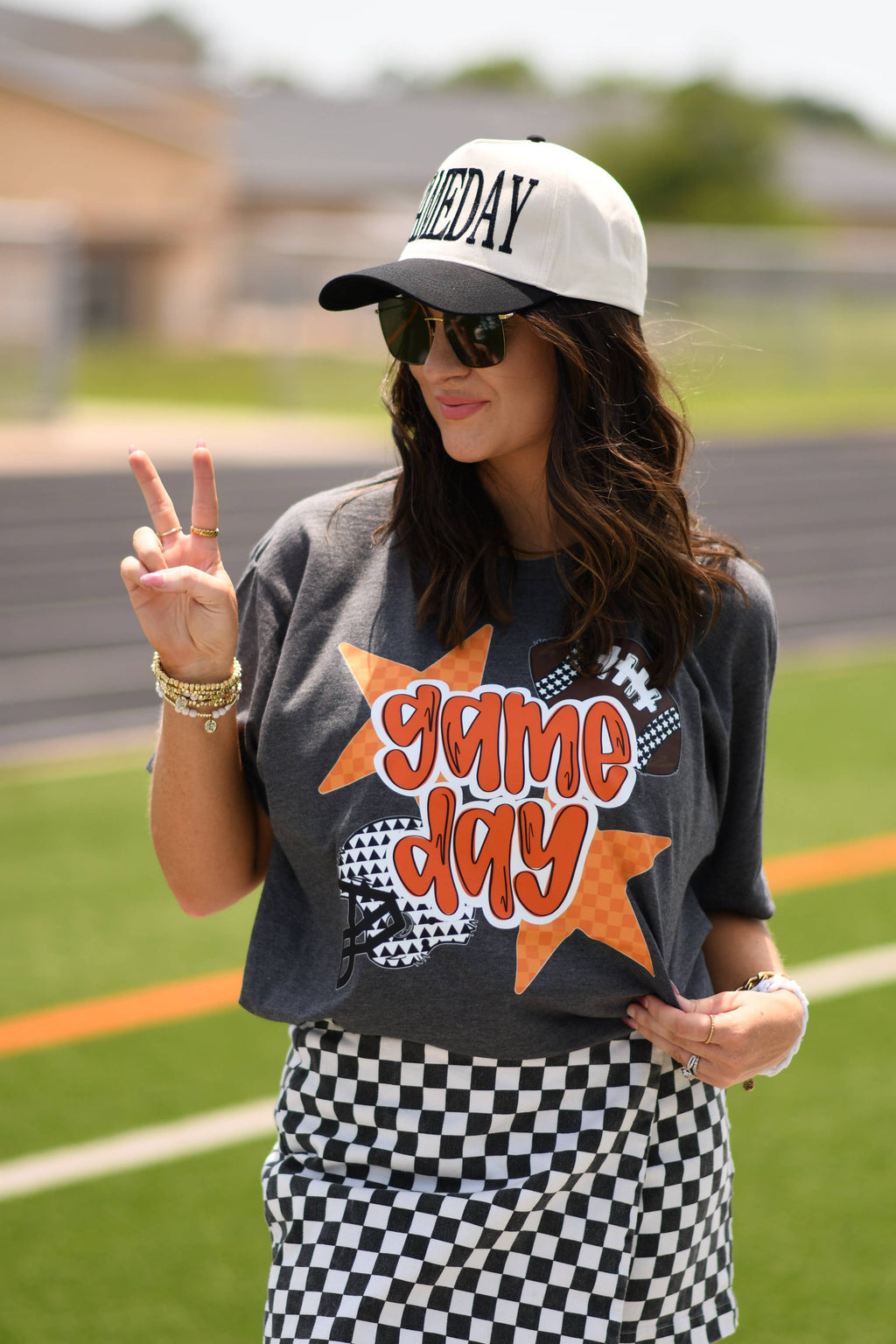 Orange Game Day Checkered Stars Tee: Heather Charcoal / L