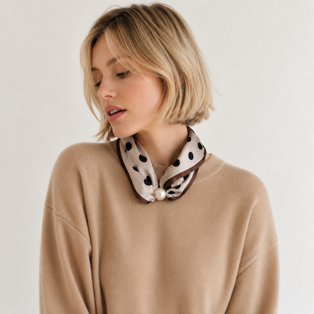 Ellison+Young Satin Twilly Scarf Necklace with Jeweled Magnetic Clasp: Polka Dot Print