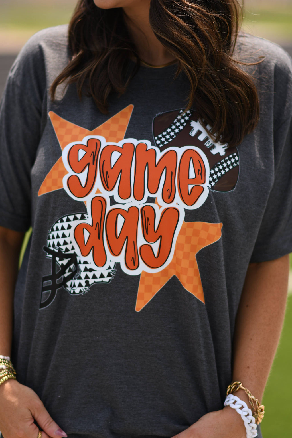 Orange Game Day Checkered Stars Tee: Heather Charcoal / L